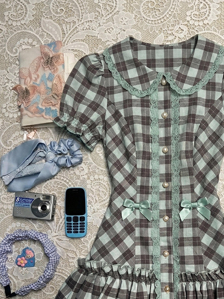 retro green plaid dress