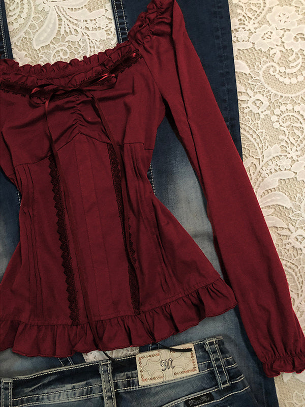 retro red lace bow strap long-sleeved top