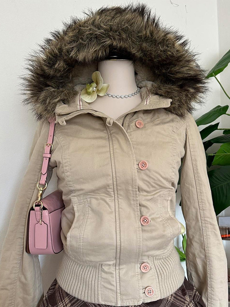 retro beige fur hooded jacket
