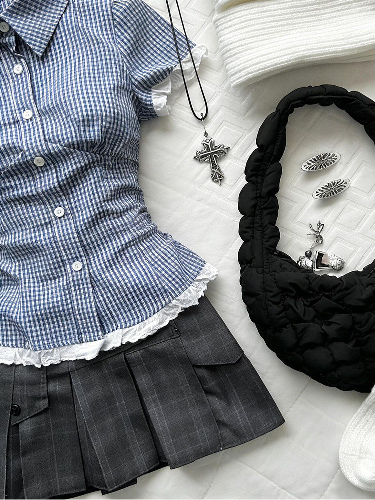 retro plaid lace trim shirt