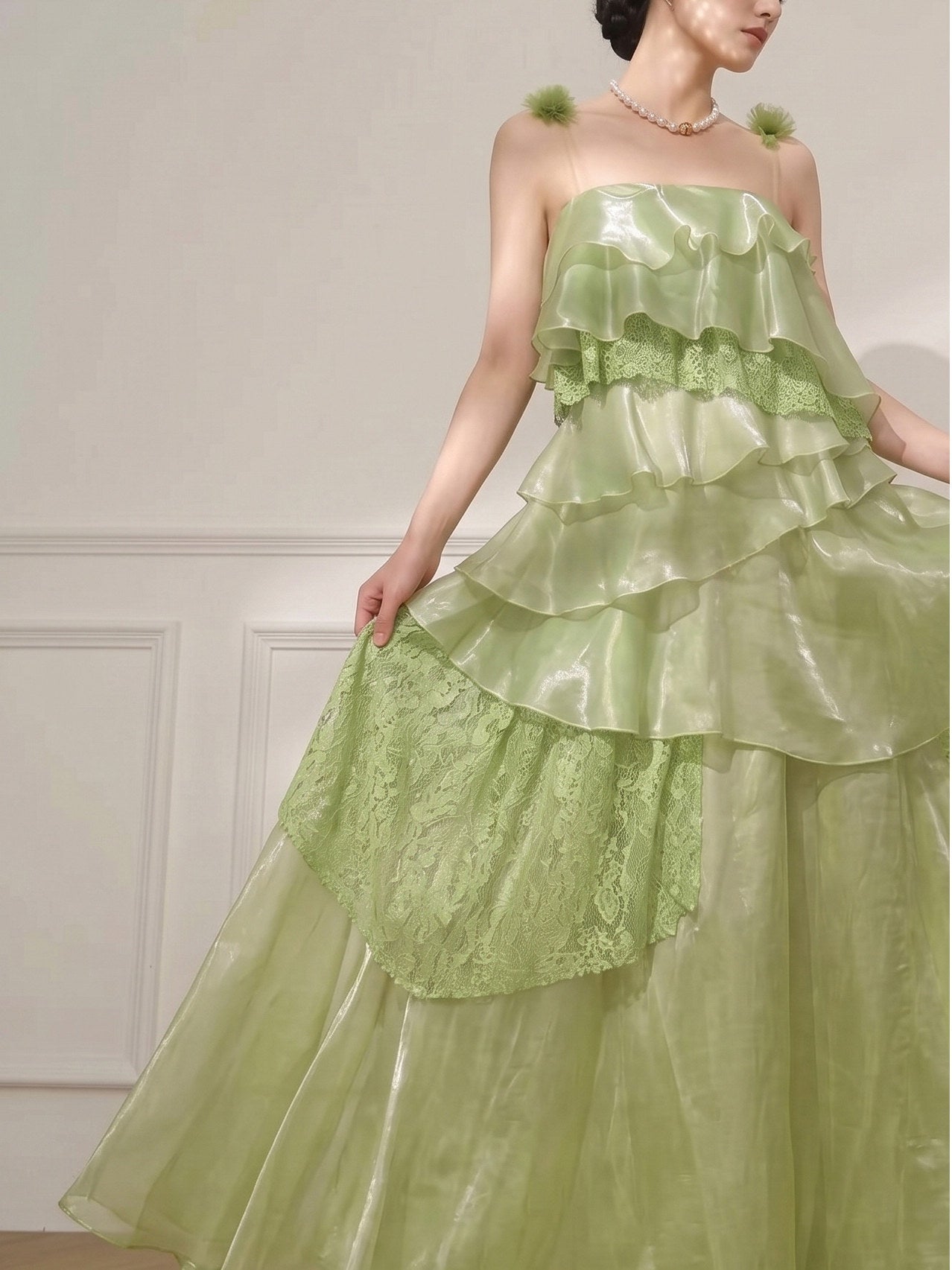 Stylish green strapless/halter layered cake maxi dress