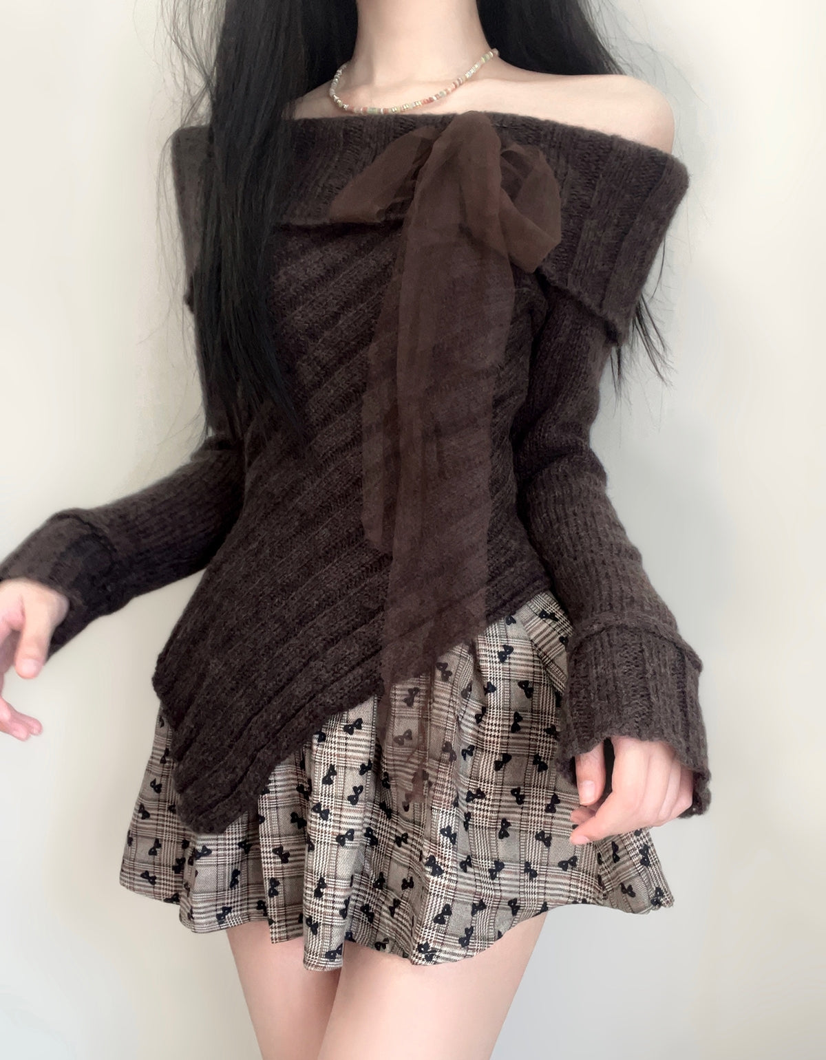 Soft Girl Brown Off Shoulder Sweater