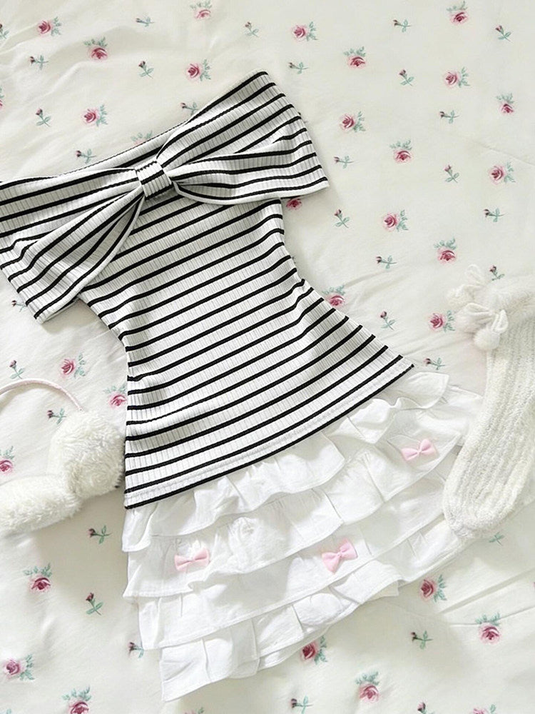 striped bow off-shoulder shirt