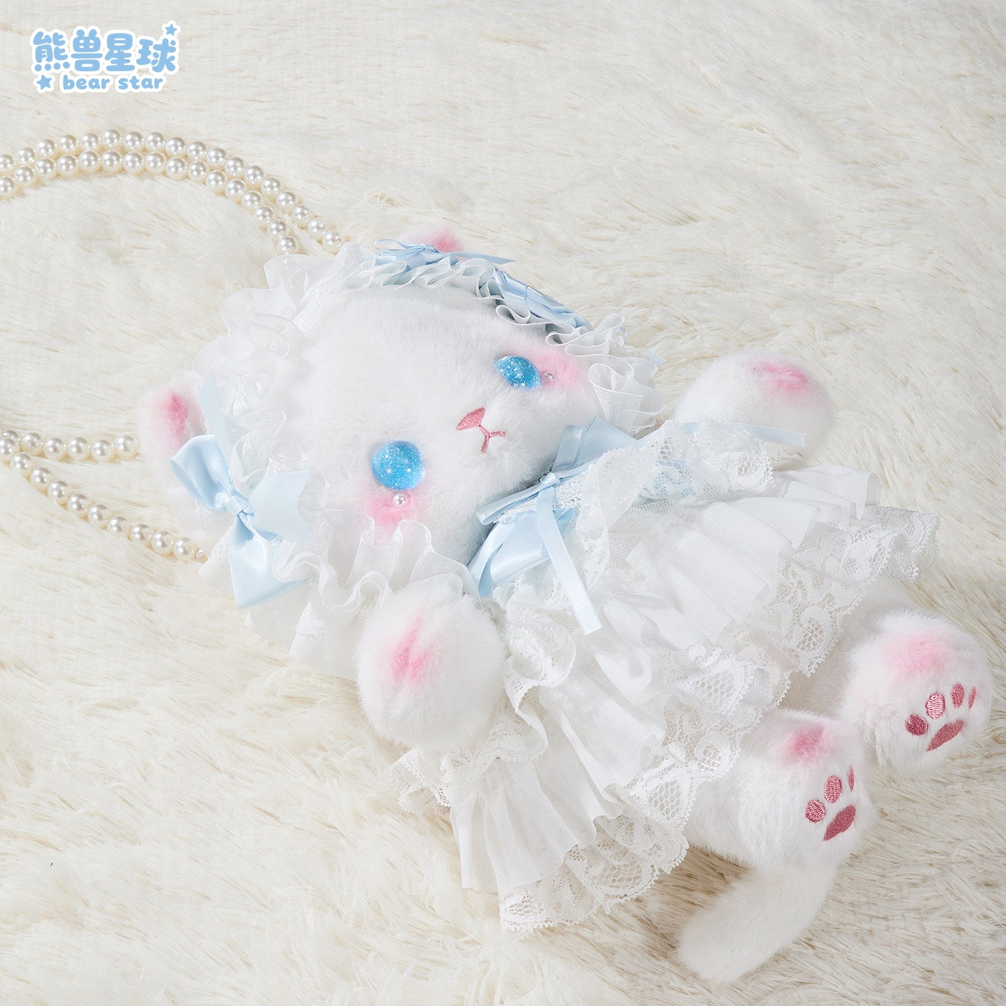 baby blue bow kitty plush pearls bag