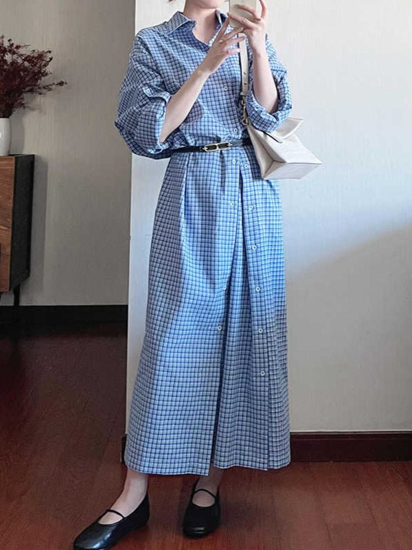 Retro Blue Plaid Lapel Shirt Dress