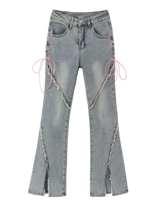 Coquette Pink Bow Strap Flare Jeans