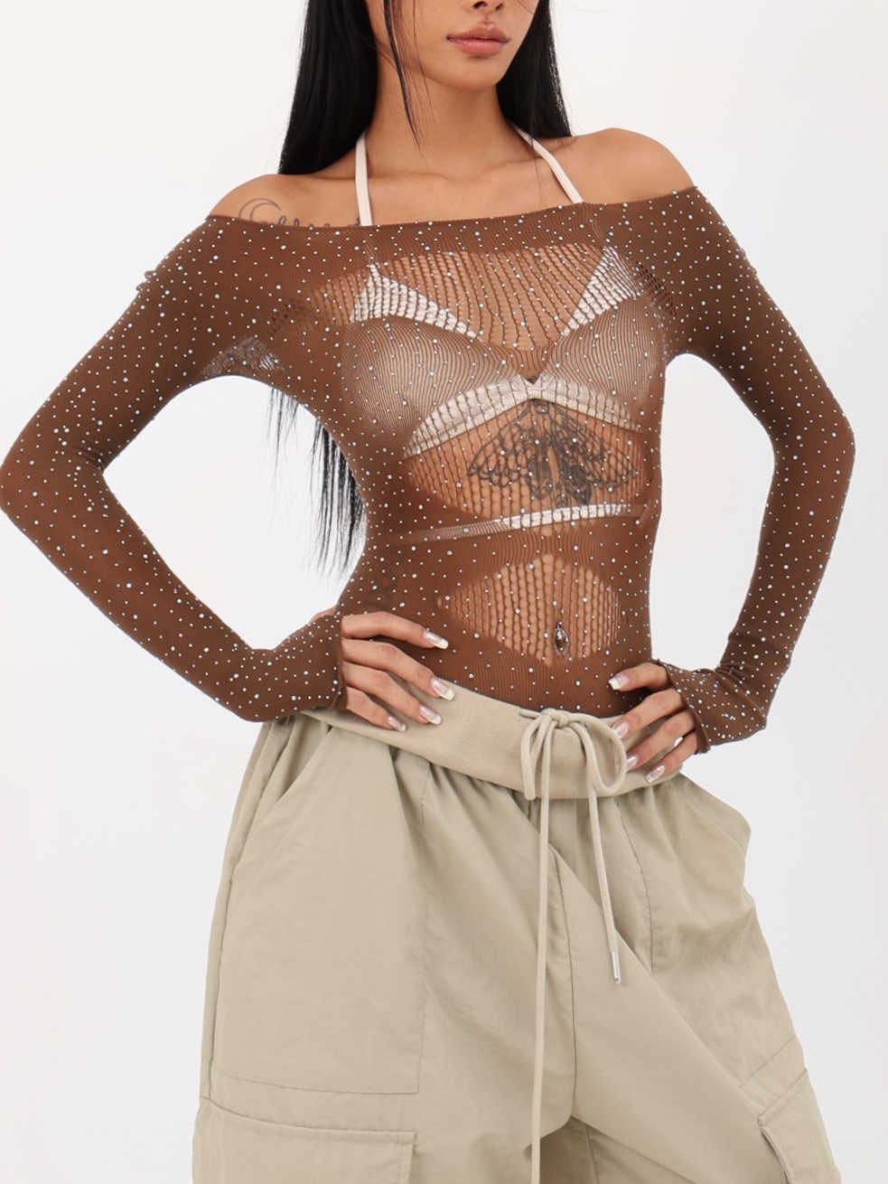 Mesh Diamond Dark Coquette Long-sleeved Top