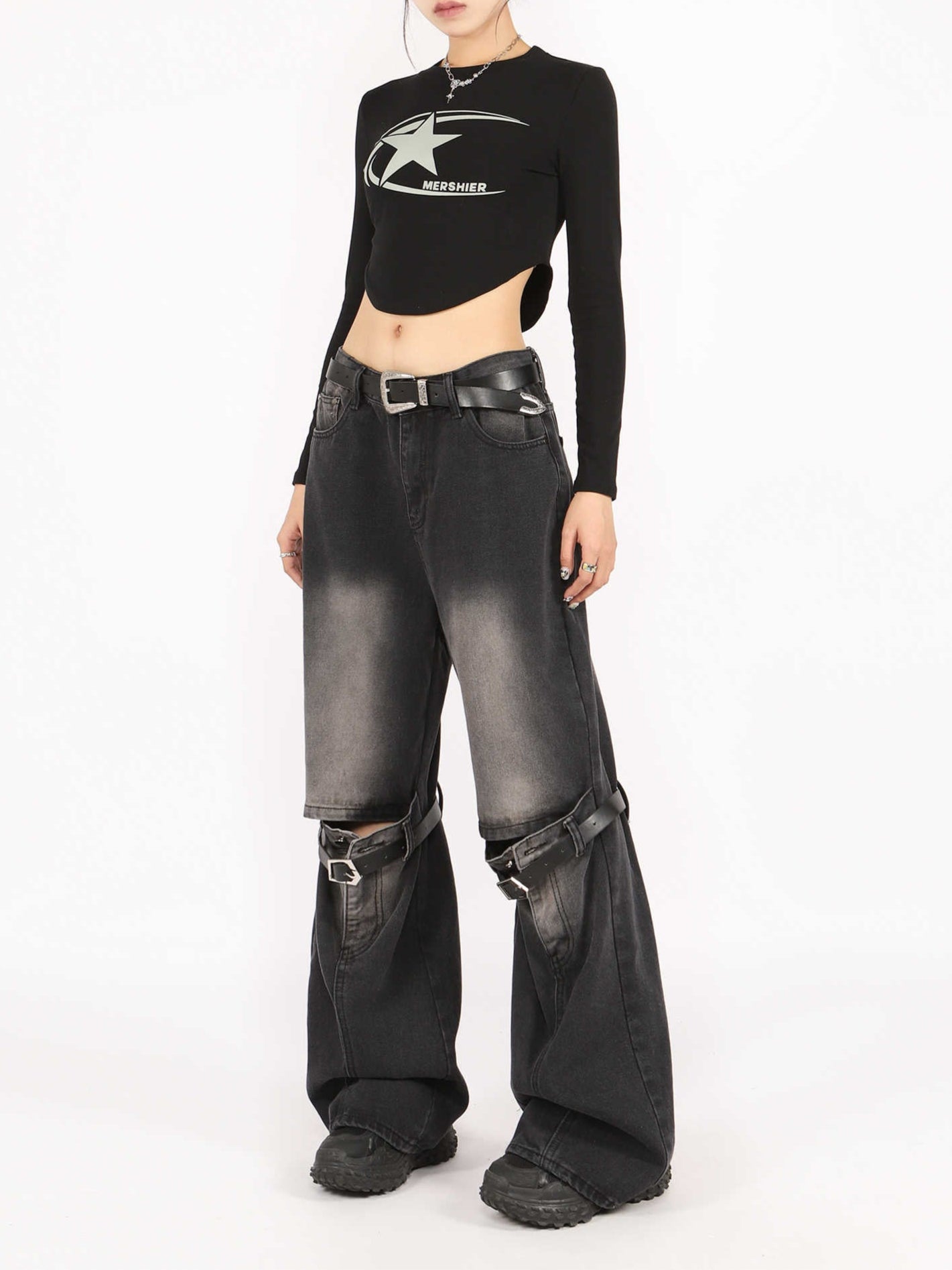 Grunge Ripped Distressed Belt Buckle Jeans