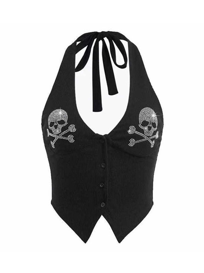 Grunge Skull Diamond Halter Neck Top