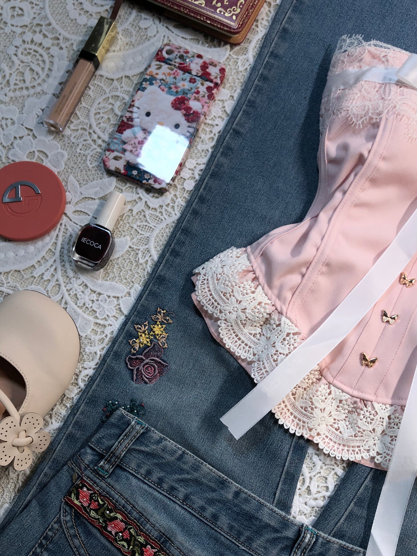 white bow lace pink top