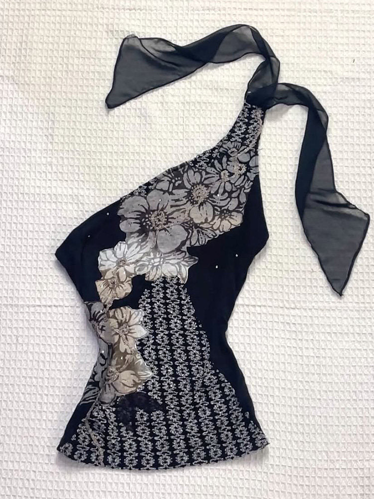 black flower mesh strap top