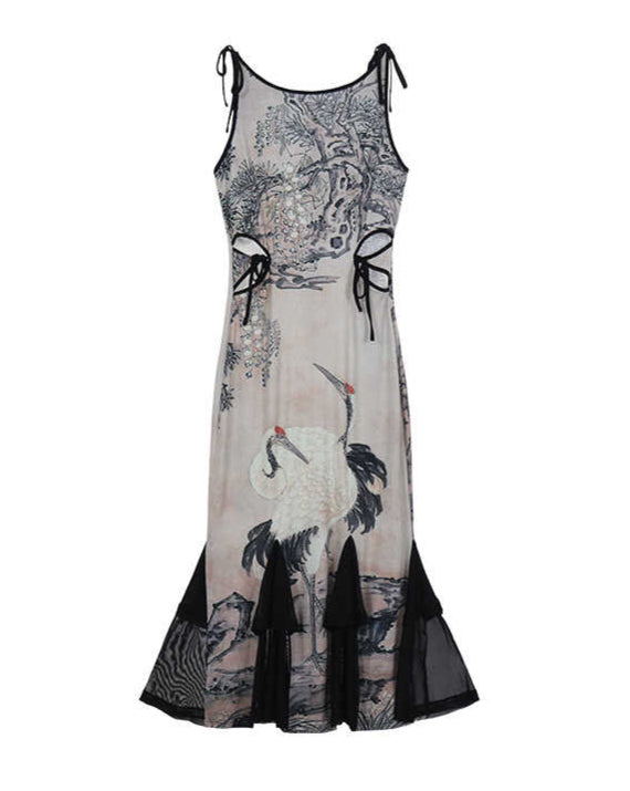 Retro Crane Print Spliced Fishtail Dress