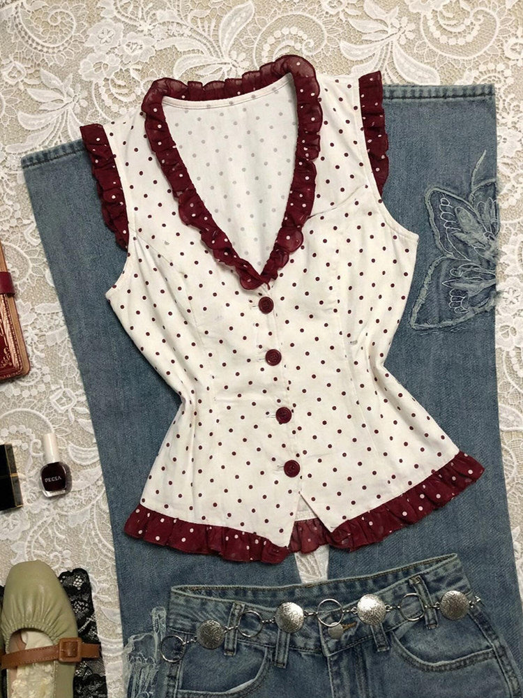 red lace polka dots shirt