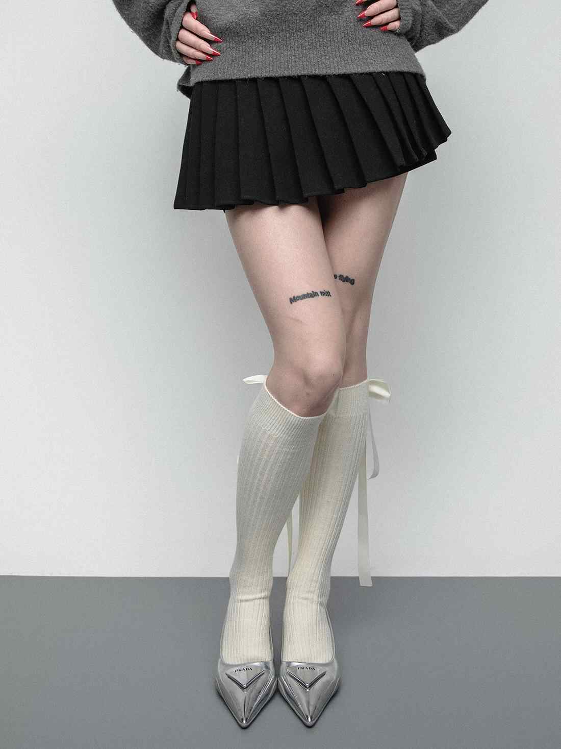 Dark Coquette Satin Ribbon Bow Calf Socks