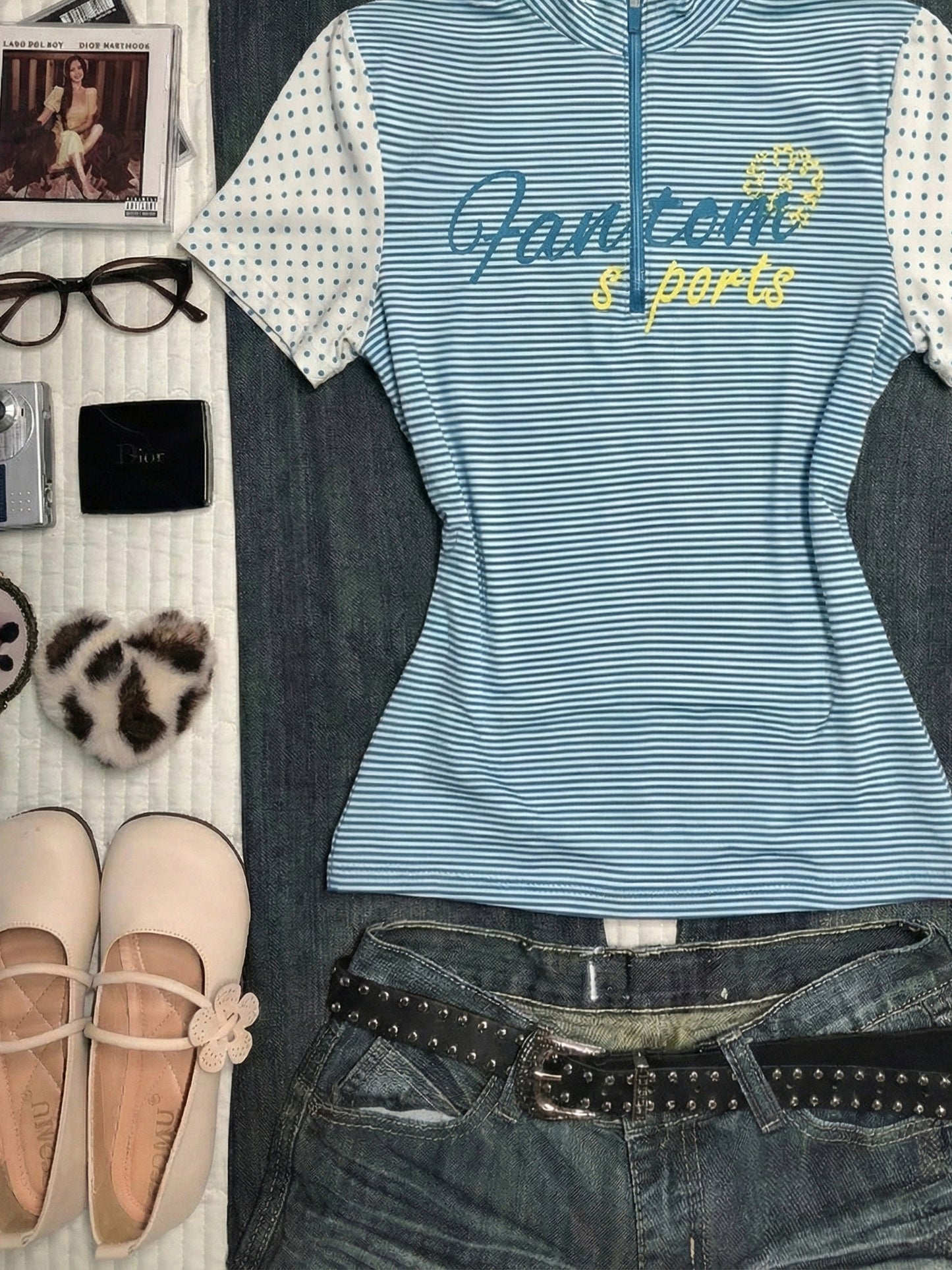 vintage polka dots blue striped shirt