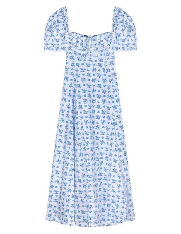 French Retro Blue Floral Maxi Dress