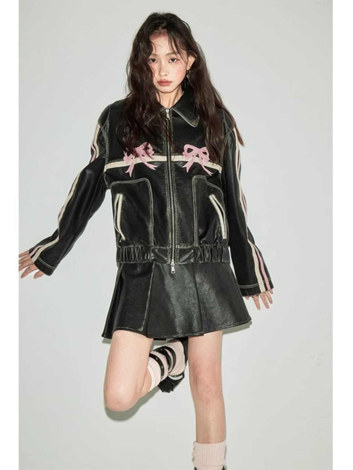 Dark Coquette Bow Retro Leather Jacket