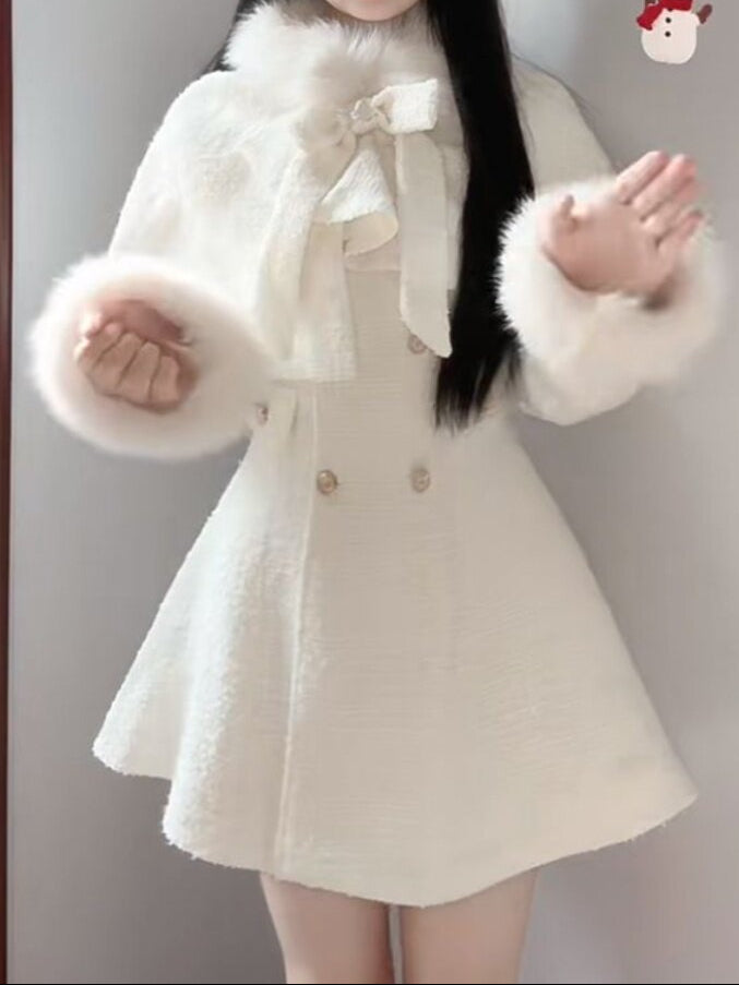 Cape Coat + Double-Breasted Bow Dress 2-Piece Set