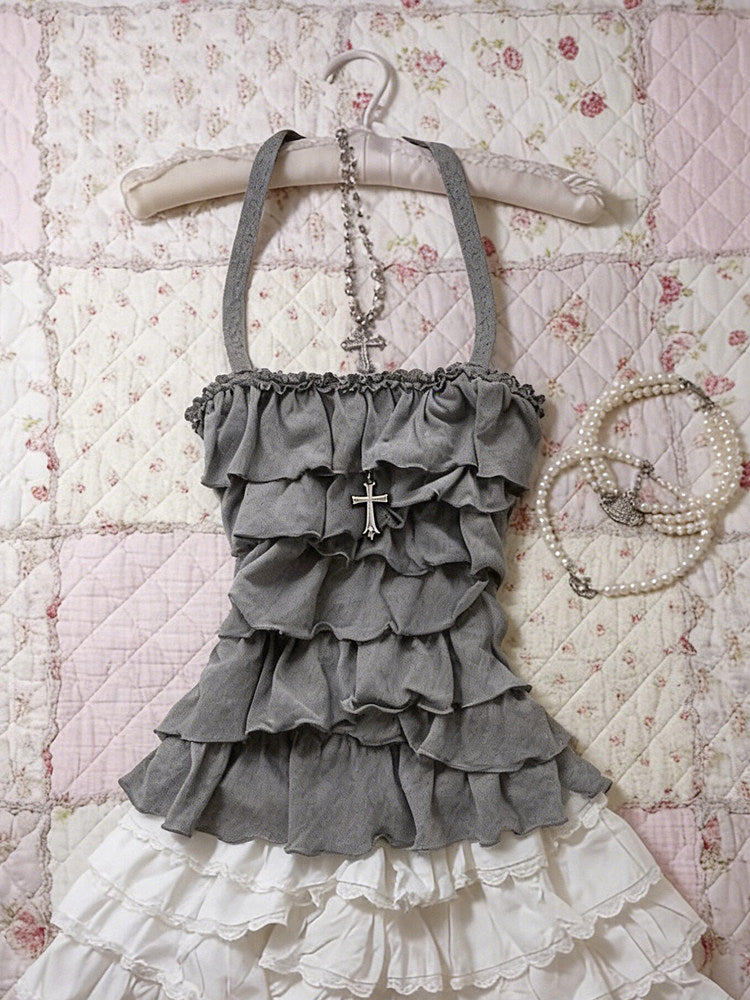 retro gray ruffled tank top