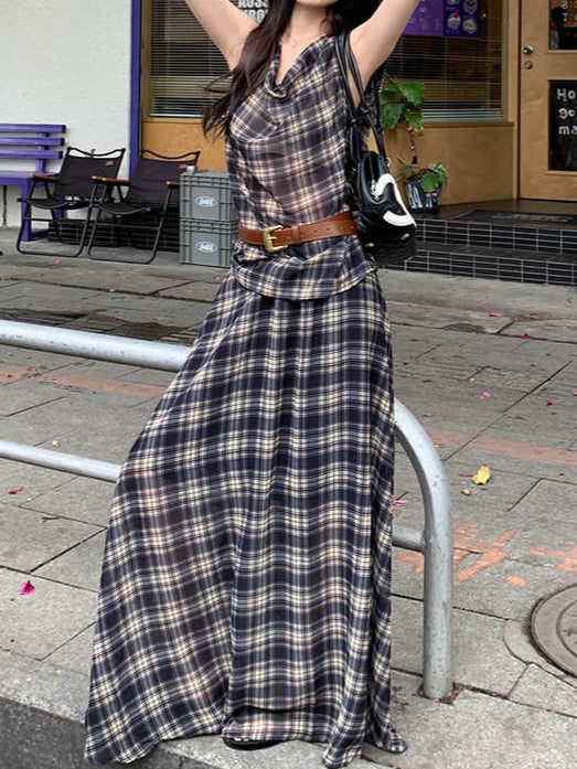 Retro Plaid Collar Camisole + Skirt Suit