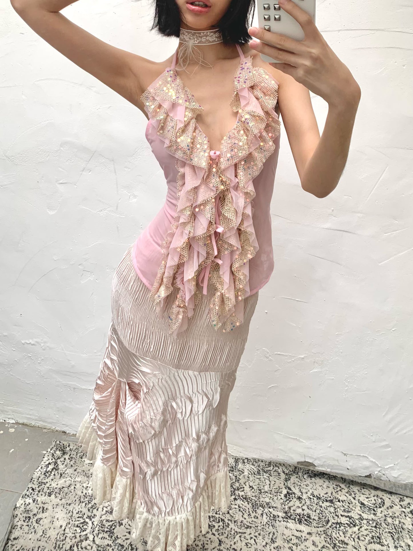 Sequin Ruffle Halter Neck Camisole Top
