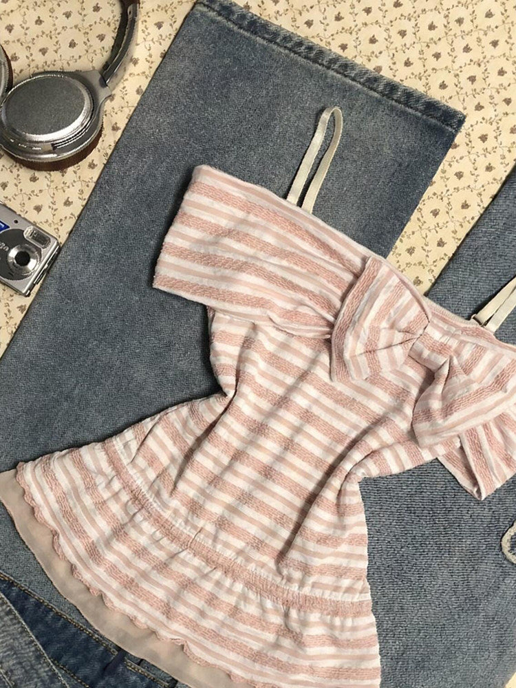 Pink Striped Sweet Off-Shoulder Top