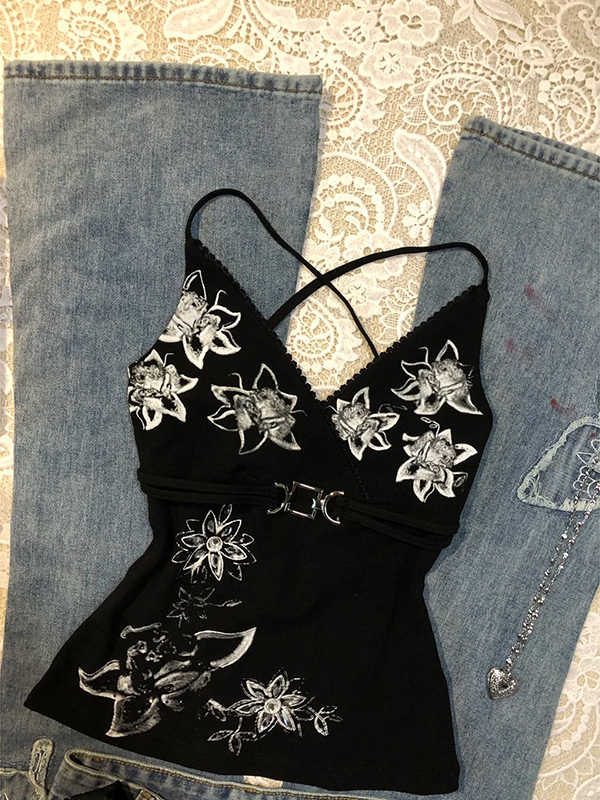 Black Printed Flower Tank Top