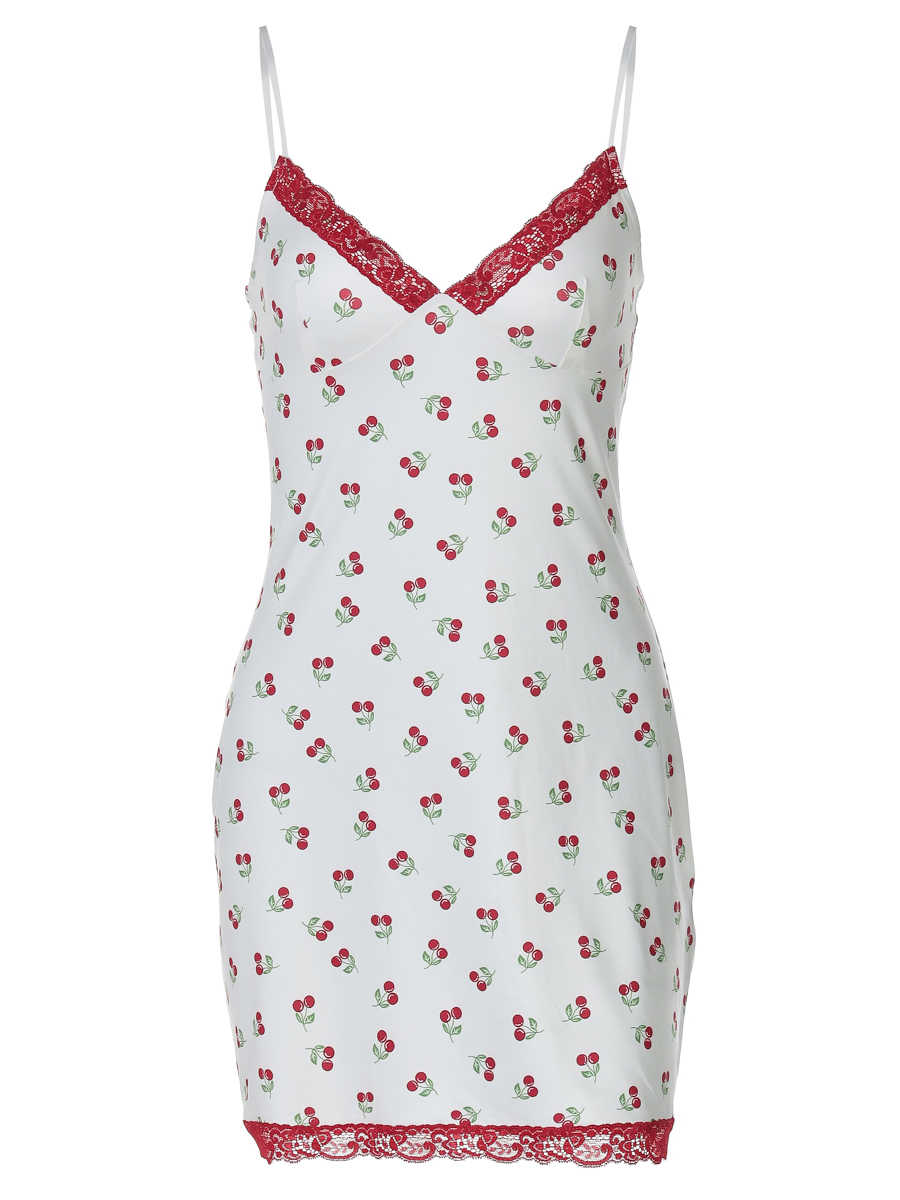 Lace Splicing Cherry Suspender Dress