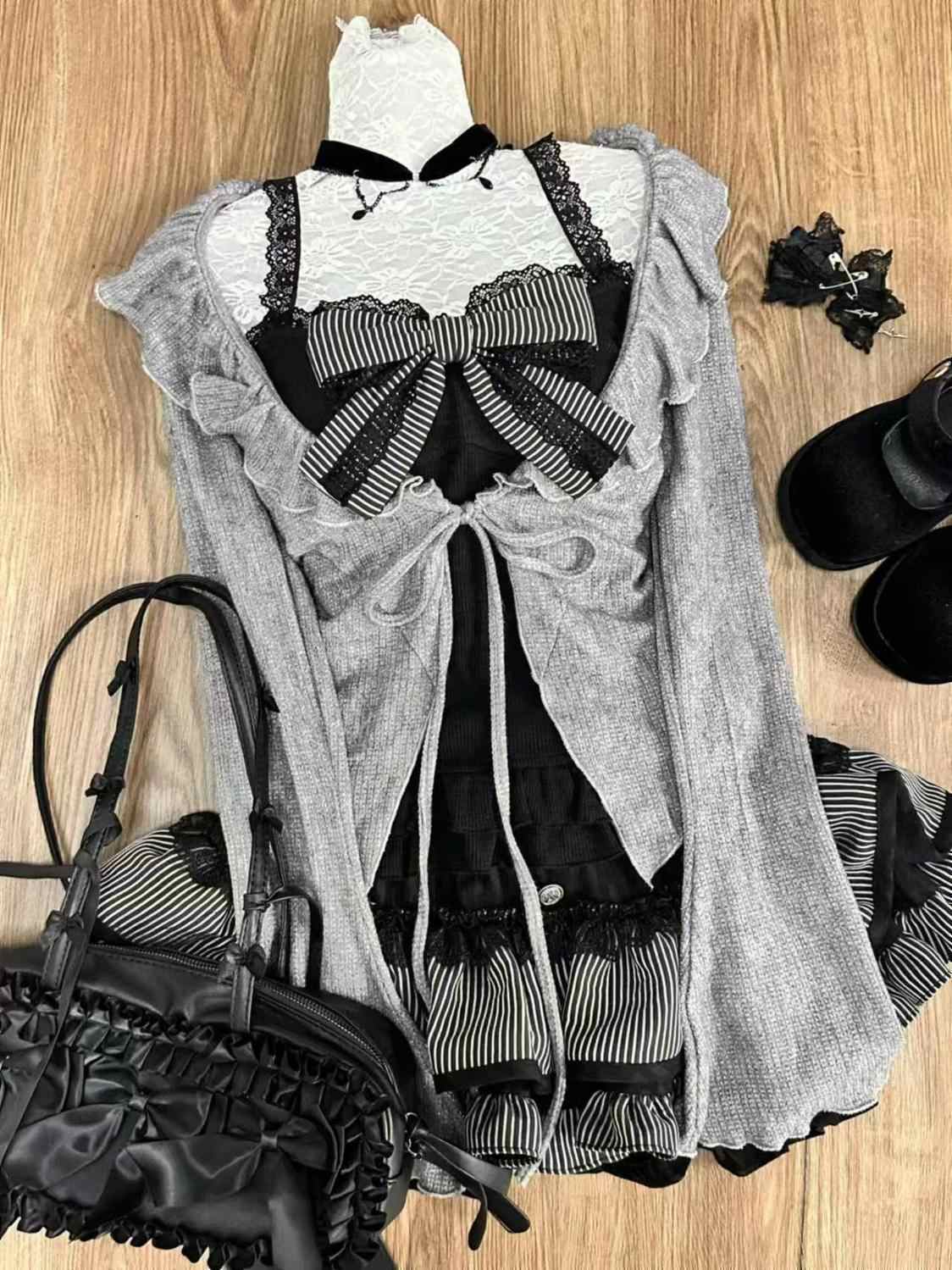 Gray Lace Ruffled Dark Coquette Coord