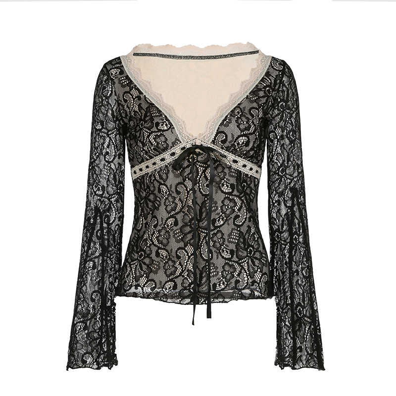 Dark Coquette V-neck Bell Sleeve Lace Top