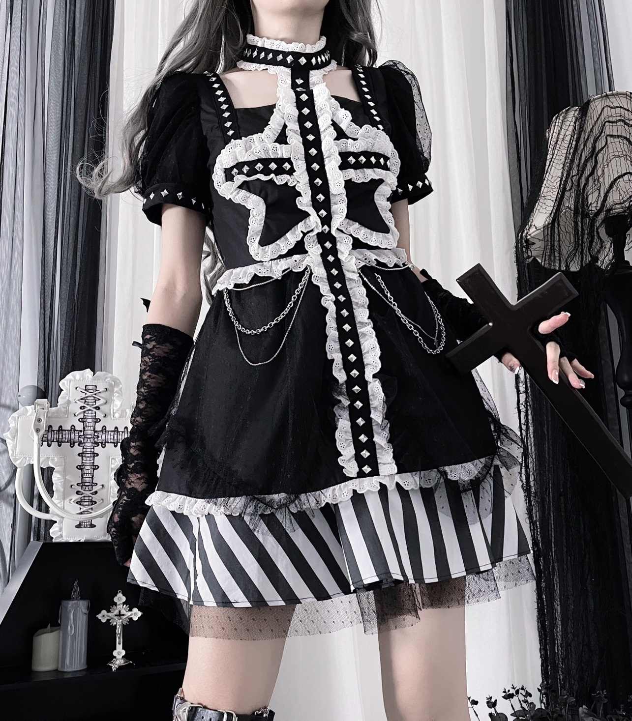Cross Star Goth Puff Sleeve Dress