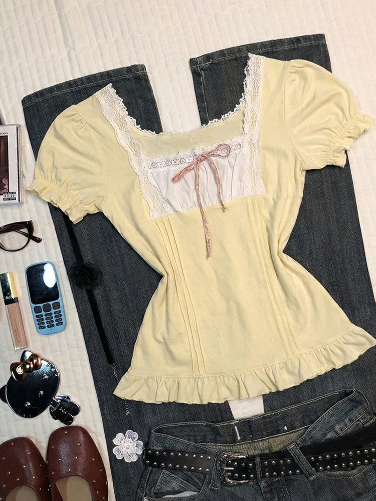 yellow lace bow shirt