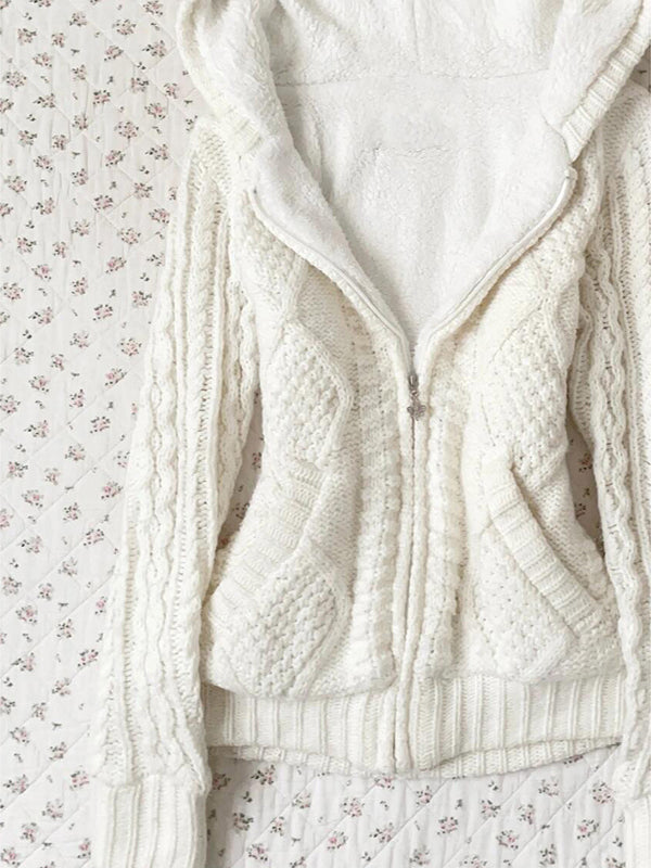 retro white hooded cardigan