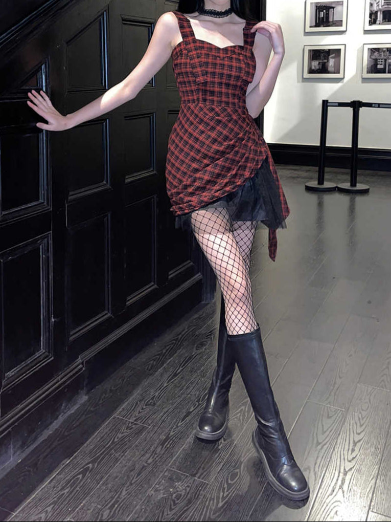 Goth Red Plaid Irregular Dress