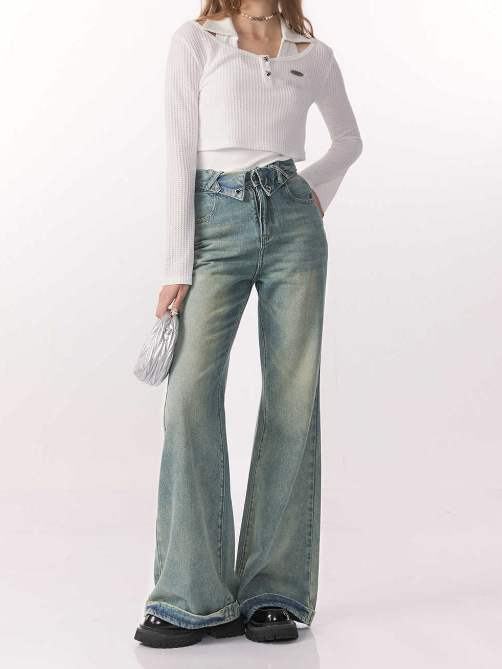 Retro Washed Straight Wide-leg Jeans