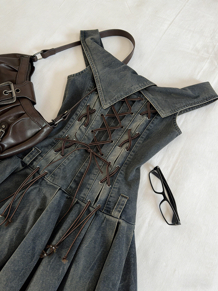 retro denim straps pleated dress