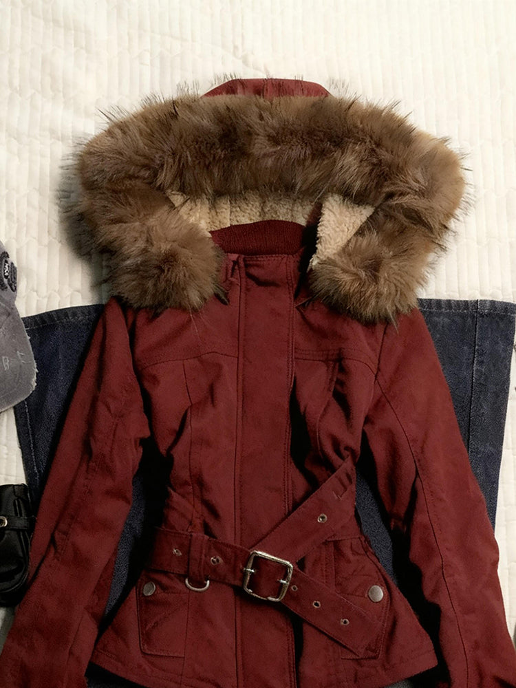 red retro fur hooded jacket