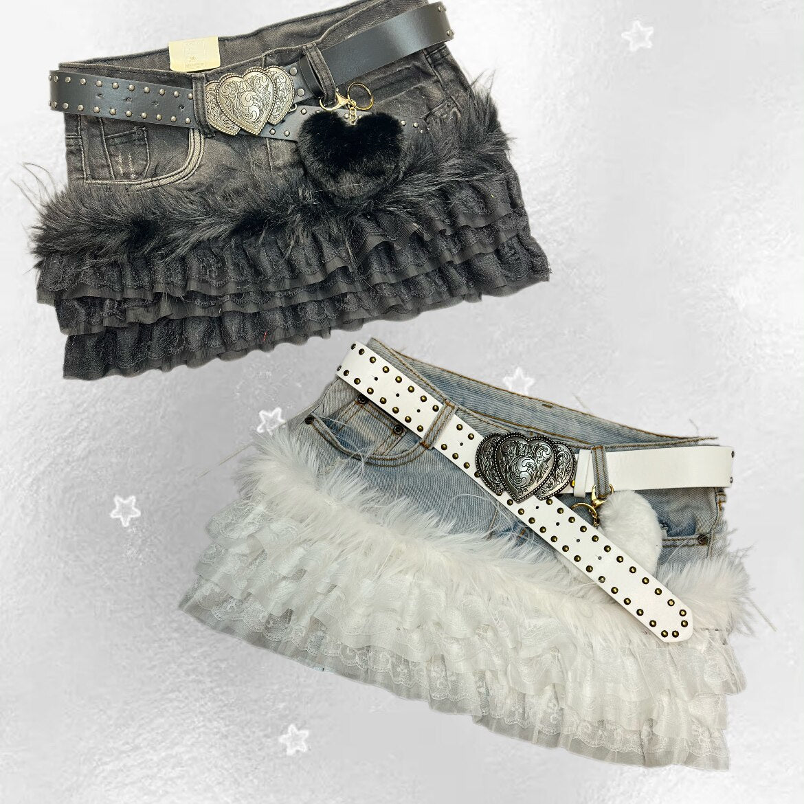 Y2K Lace Plush Denim Patchwork Mini Skirt