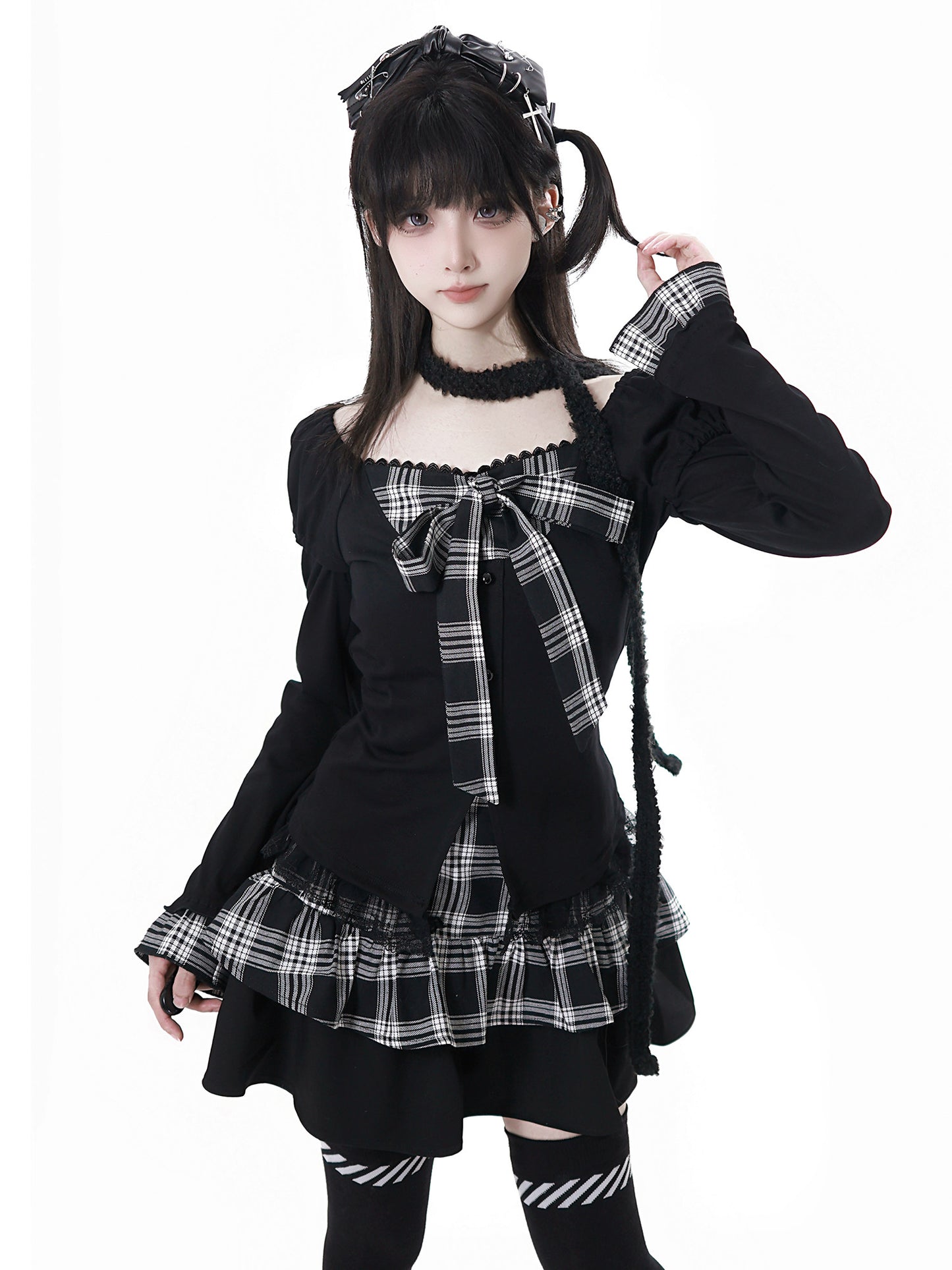 dark coquette plaid bow coord