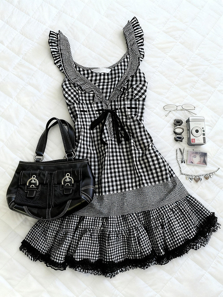 retro plaid bow lace dress