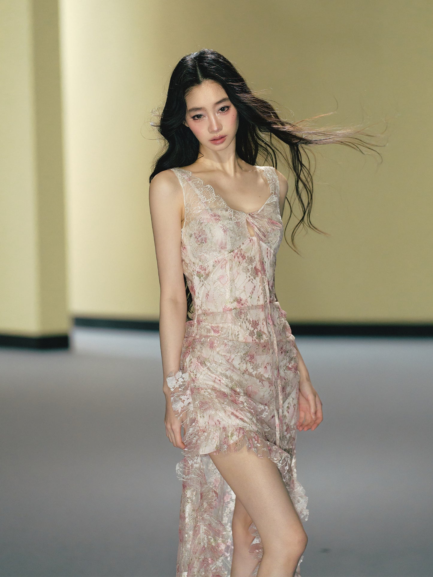 Misty pink lace patchwork fitted cami maxi dress