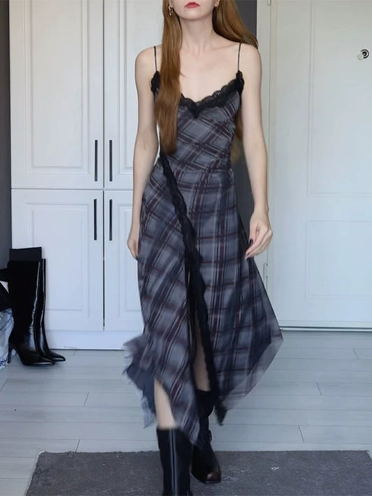 Plaid Lace Spliced Slit Dress