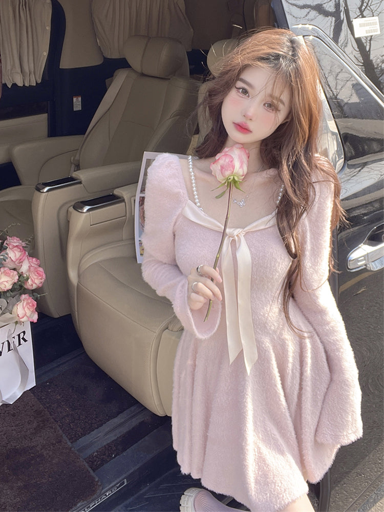 French Sweet Bow Knitted Long-sleeved Mini Coquette Dress