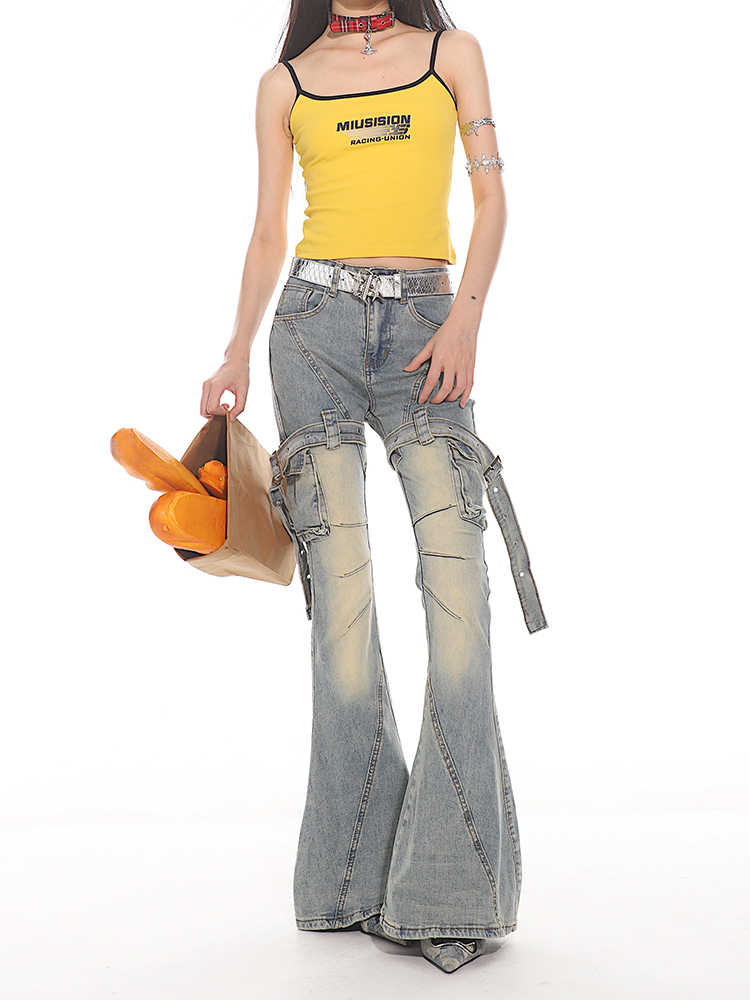 Y2K Distressed Belt Buckle Flared Jeans