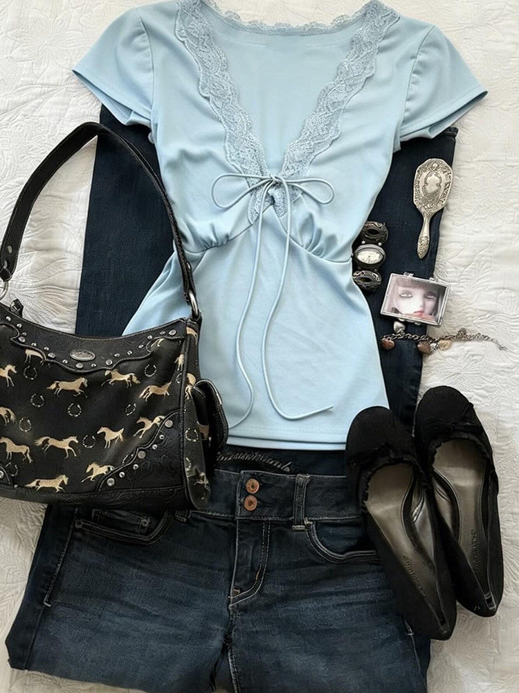 retro blue lace trim shirt