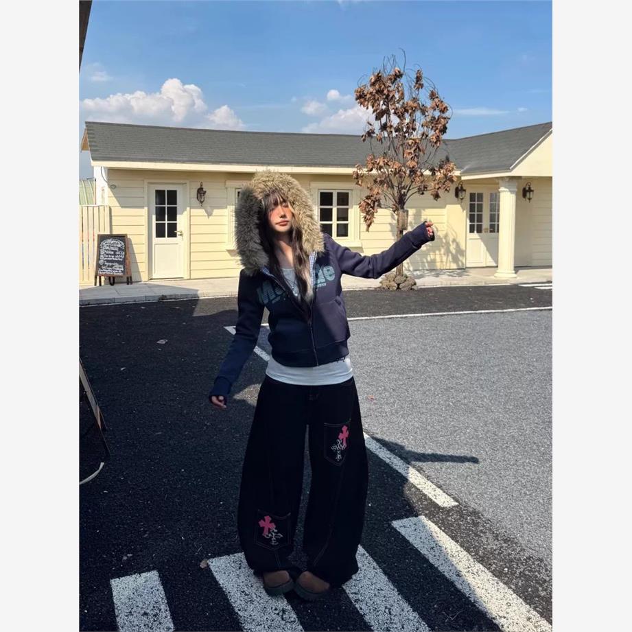 American retro fur collar hooded sweatshirt