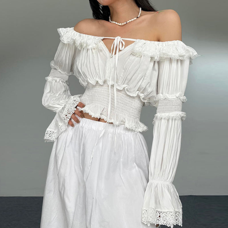 Ruffled Off-shoulder Trumpet Long-sleeved Shirt