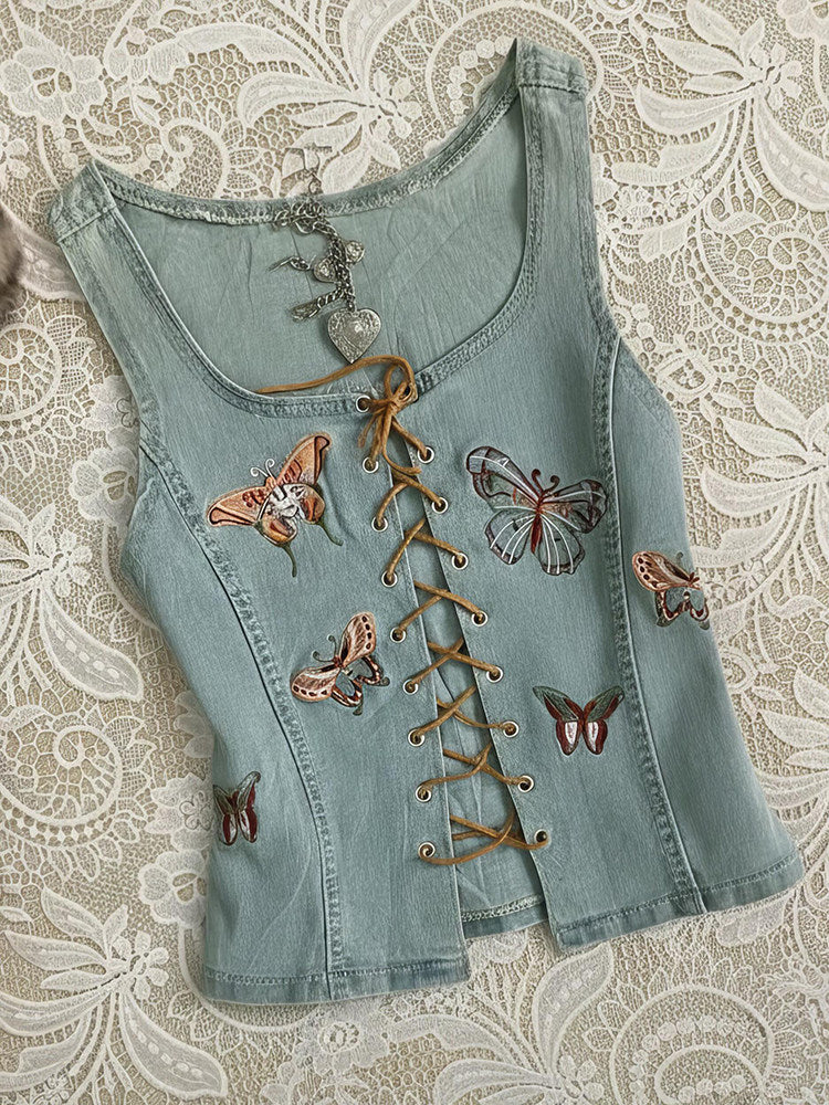 denim butterfly straps corp top