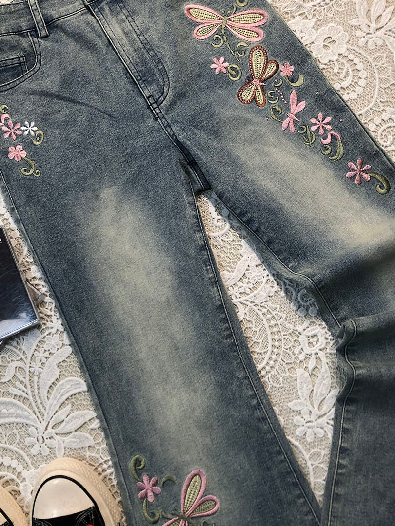 Blue Embroidered Slim-Fit Jeans