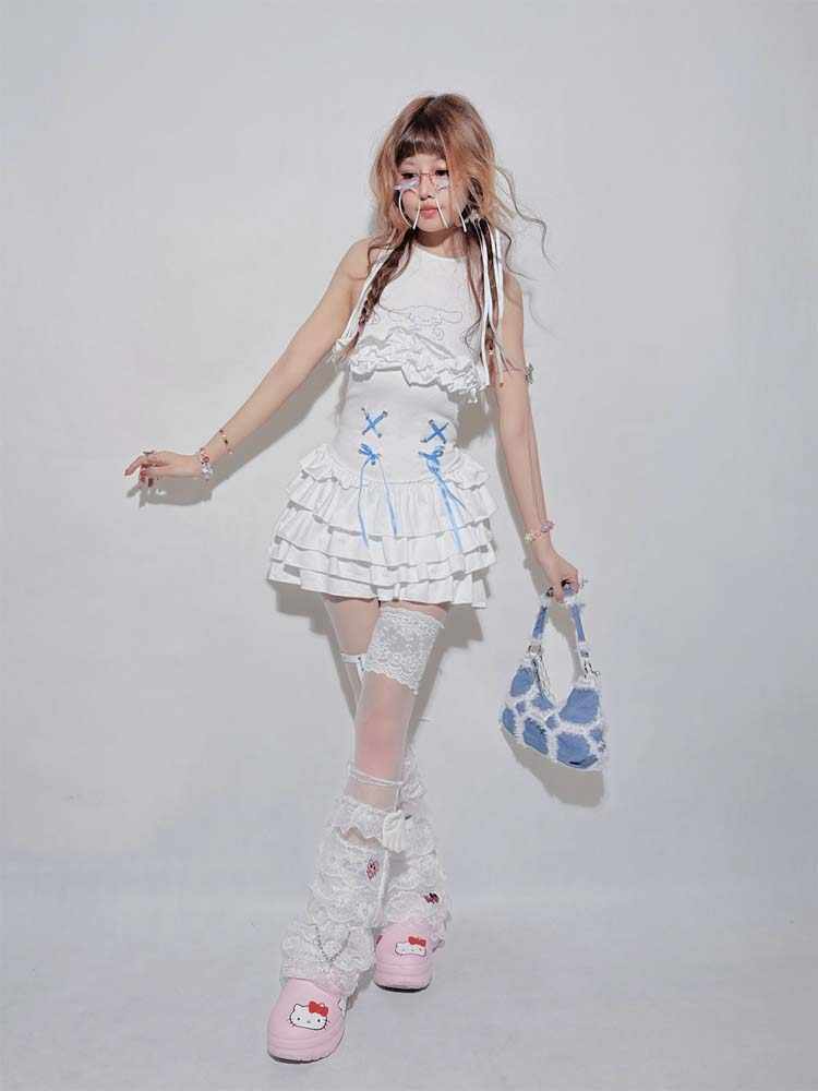 Goth Straps Ruffled Cake White Dress